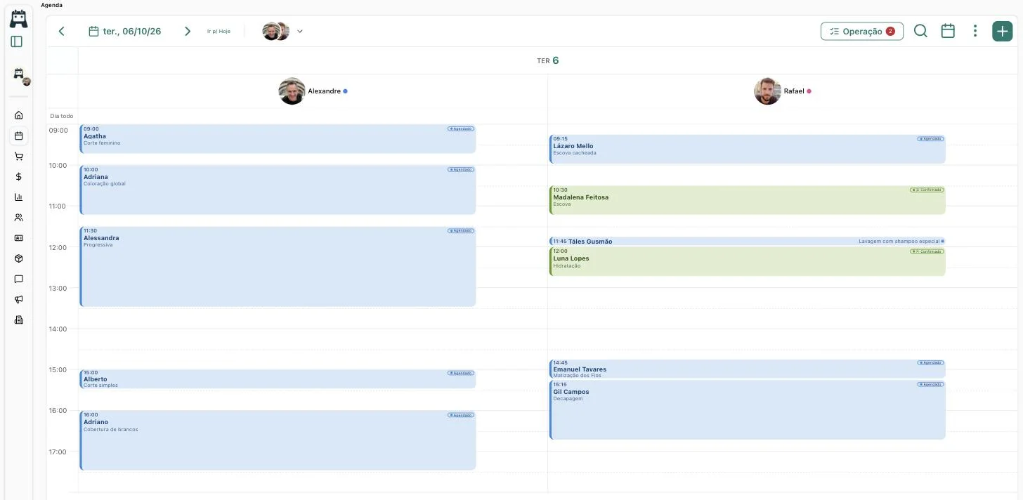 Agenda do dia no Agendável, aberta no computador, com os atendimentos de cada profissional